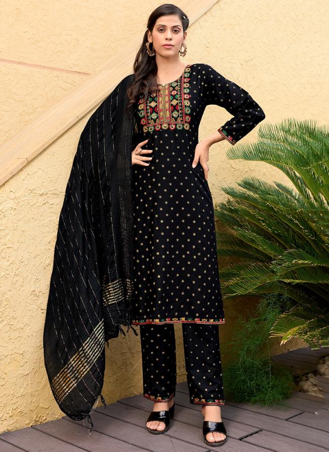 Rayon Black Traditional Wear Embroidery Work Readymade Kurta Set